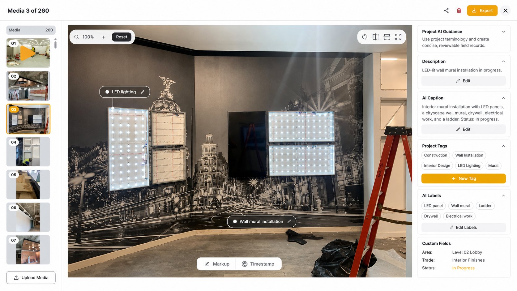 Filio media viewer showing project AI guidance, an AI caption, editable labels, project tags, and custom fields for a mural-installation record.