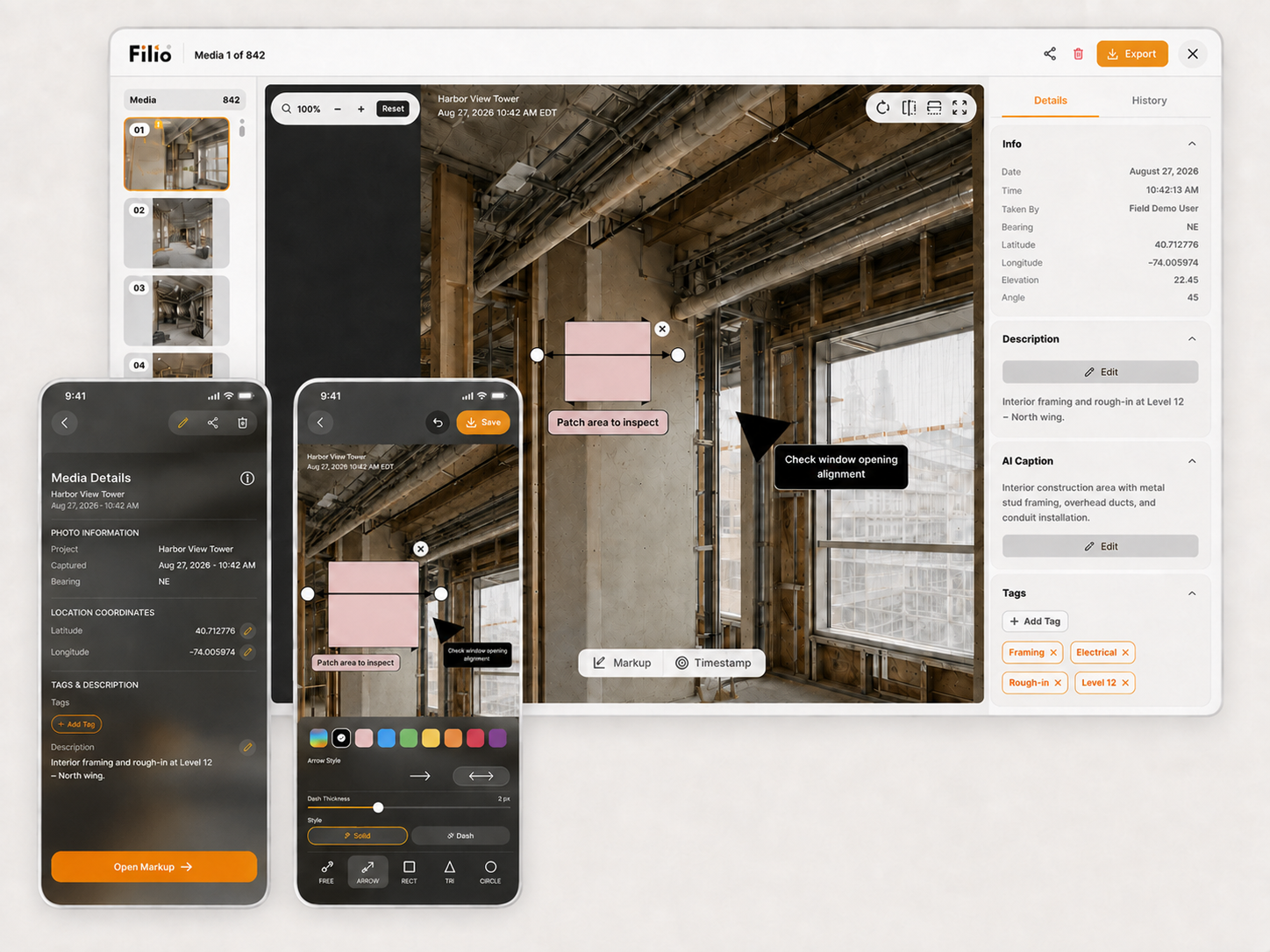 Filio annotation workflow showing a desktop media viewer and mobile markup screens used to add visual notes, arrows, and metadata to construction photos.