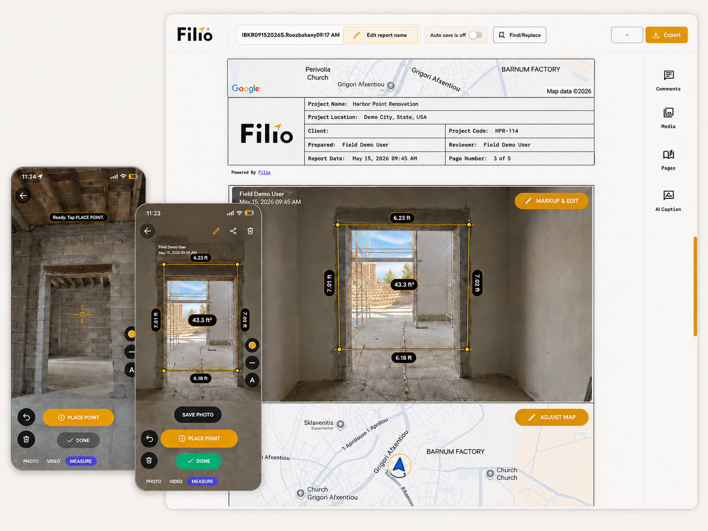 Filio measurement workflow showing mobile capture of construction dimensions and a desktop report that includes measured visuals and project context.