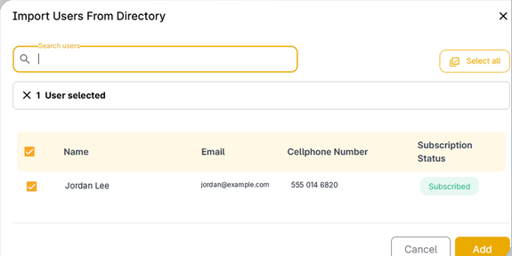 Filio Import Users From Directory dialog showing a selected user with contact and subscription information.