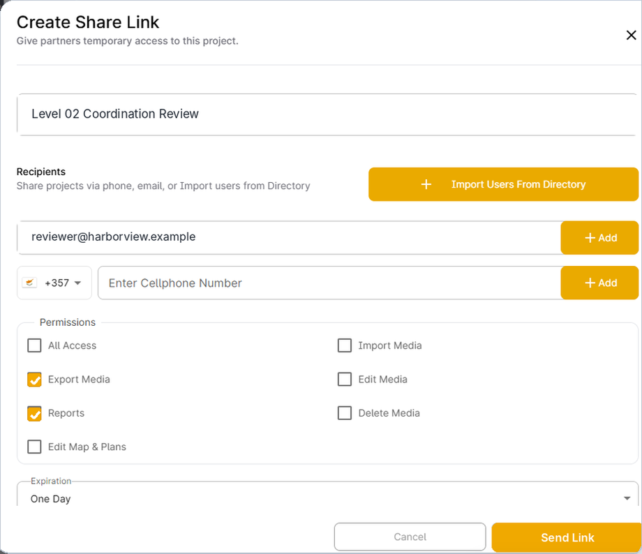Filio Create Share Link dialog showing recipients, permissions, expiration, and send-link controls.