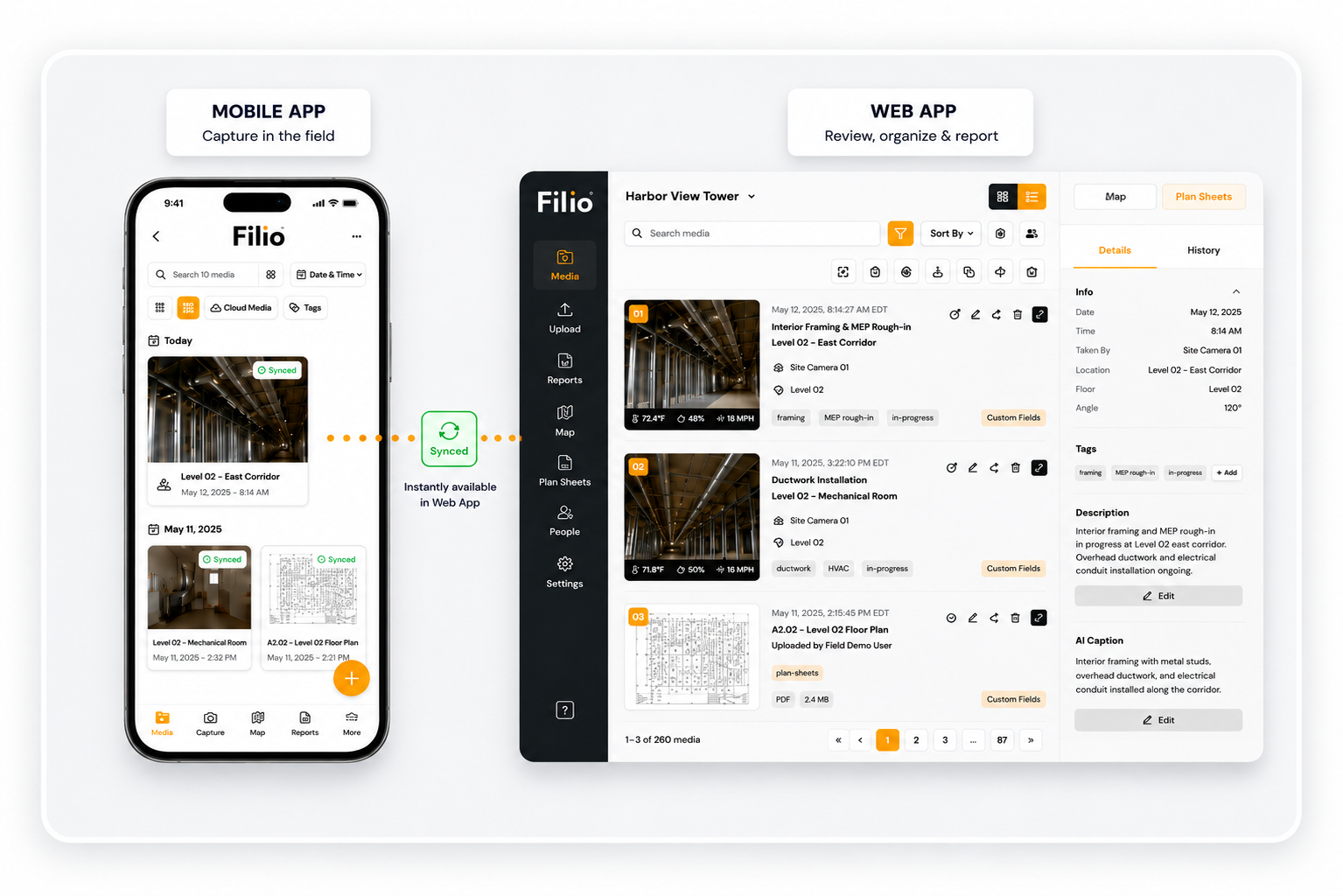 Filio mobile and web apps connected in one workflow, showing field media captured on mobile and synchronized to the web app for review, organization, and reporting.