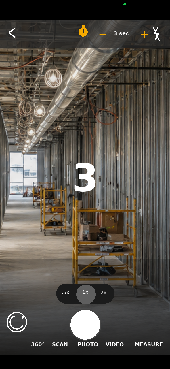 Filio timed Photo mode showing a three-second countdown before capturing a construction corridor.