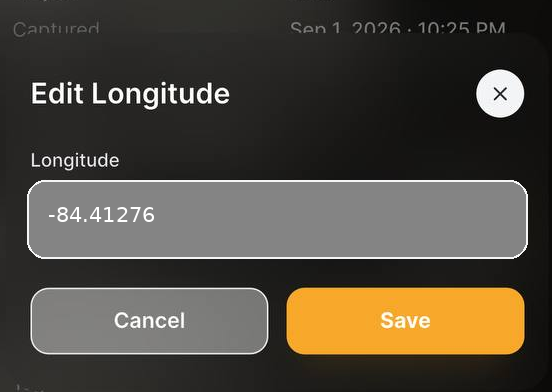 Filio mobile Edit Longitude dialog showing editable location metadata for a media record.
