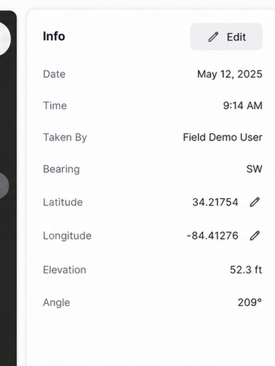 Filio media Info panel showing date, time, captured-by user, bearing, latitude, longitude, elevation, and angle.