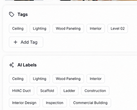 Filio Web App panel showing tags, visual labels, and structured custom fields for a construction media record.