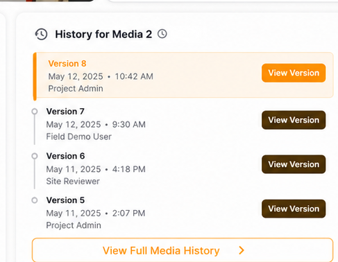 Filio Web App History panel showing previous versions, dates, and authors for one media record.