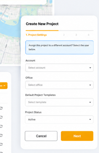 Filio Create New Project settings showing account, office, project template, and project status fields.