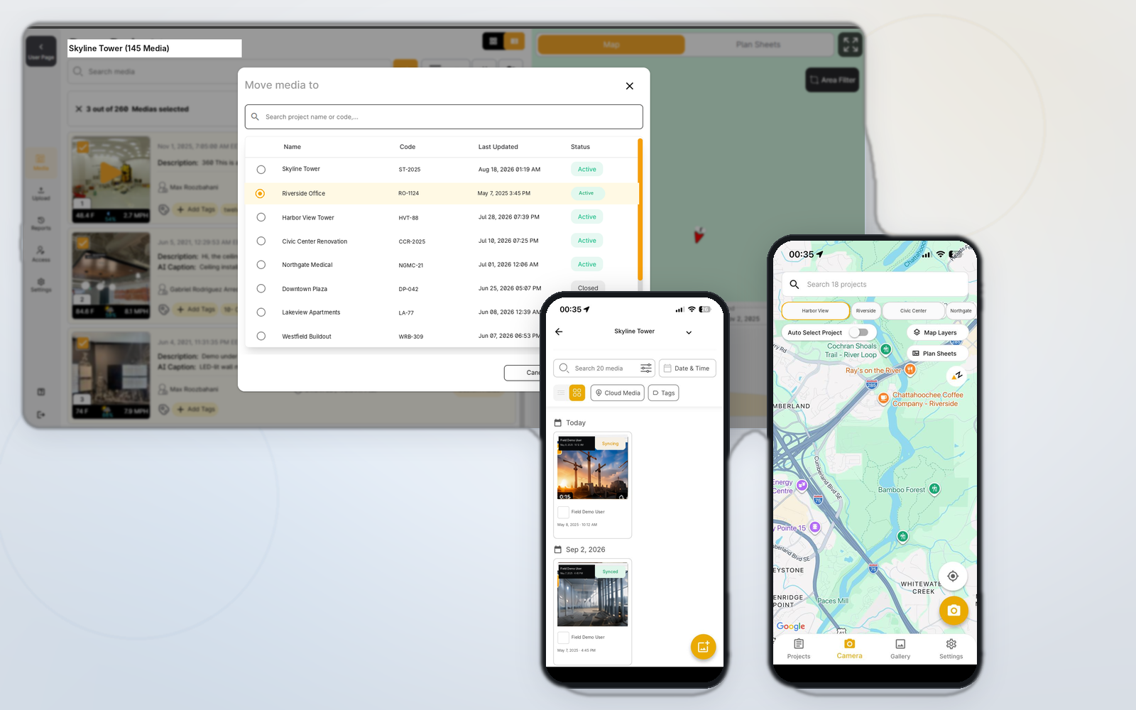 Filio field access and cloud sync workflow showing move-media controls with mobile project selection and media syncing status.