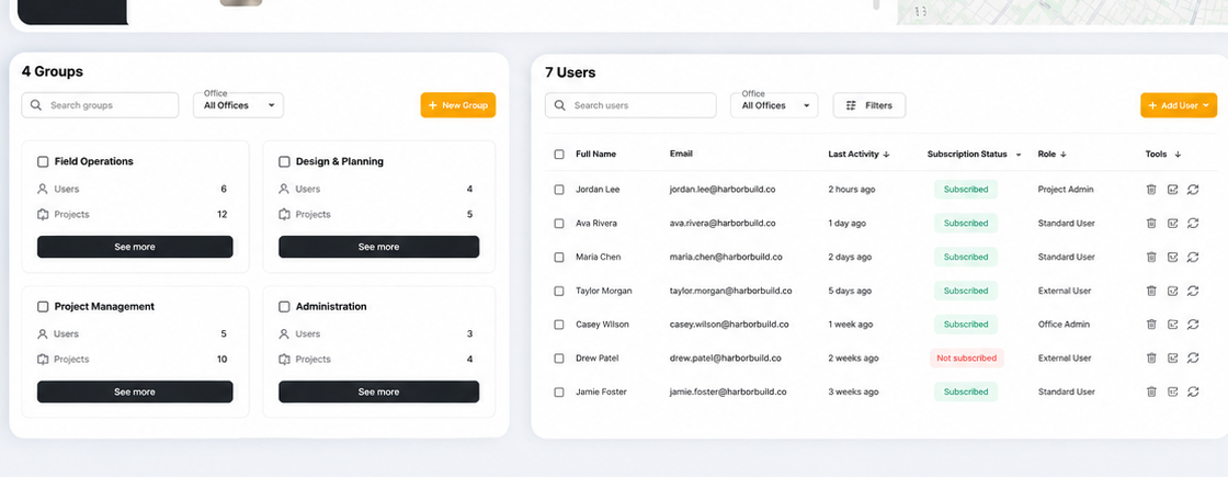 Filio administration views showing project groups and company users with project and subscription context.