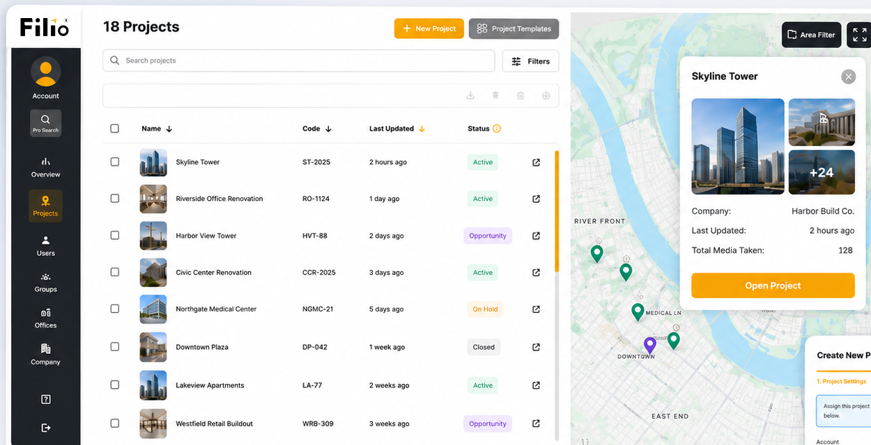 Filio project portfolio showing project status, mapped locations, and project search.