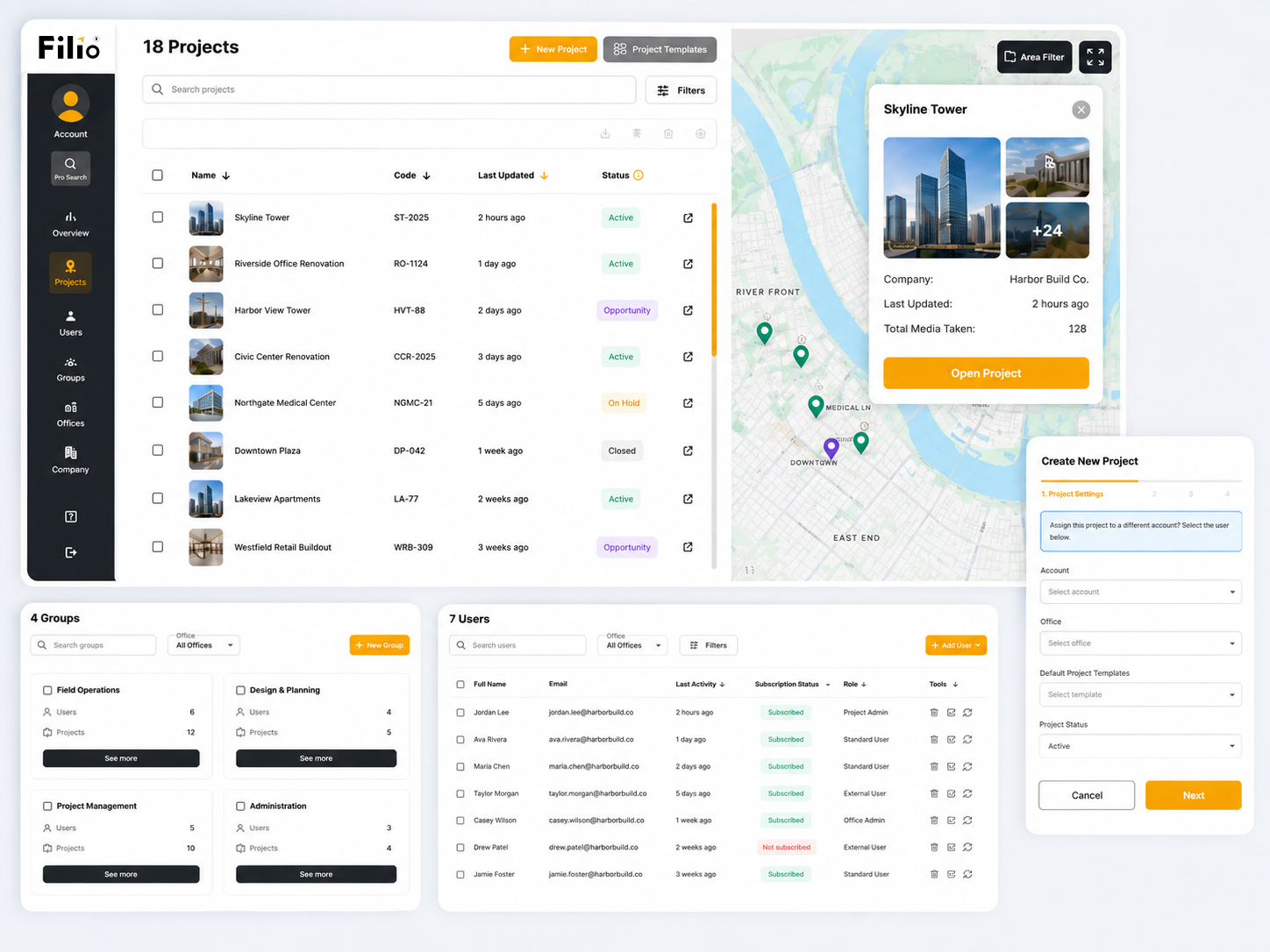 Filio project organization dashboard showing a portfolio list, project map, groups, users, and new-project settings.