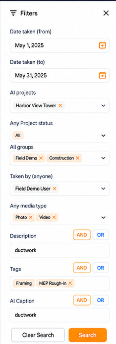 Filio Pro Search filters for projects, dates, users, media types, descriptions, tags, and AI captions.