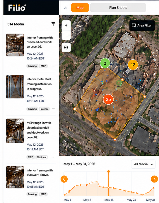 Filio map showing linked construction records, a selected project area, area filtering, and a date timeline.
