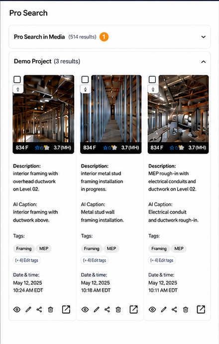 Filio Pro Search showing three construction records with descriptions, AI captions, tags, dates, and project context.