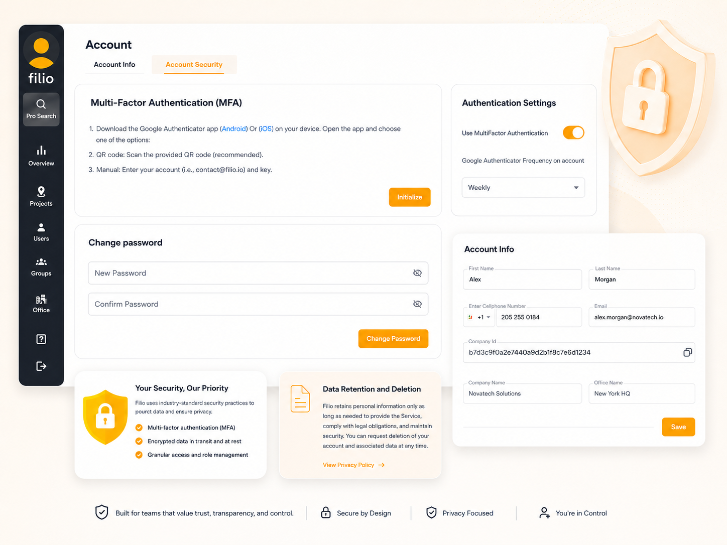 Filio account-security interface showing multi-factor authentication, authentication settings, password controls, account information, and data-retention guidance.