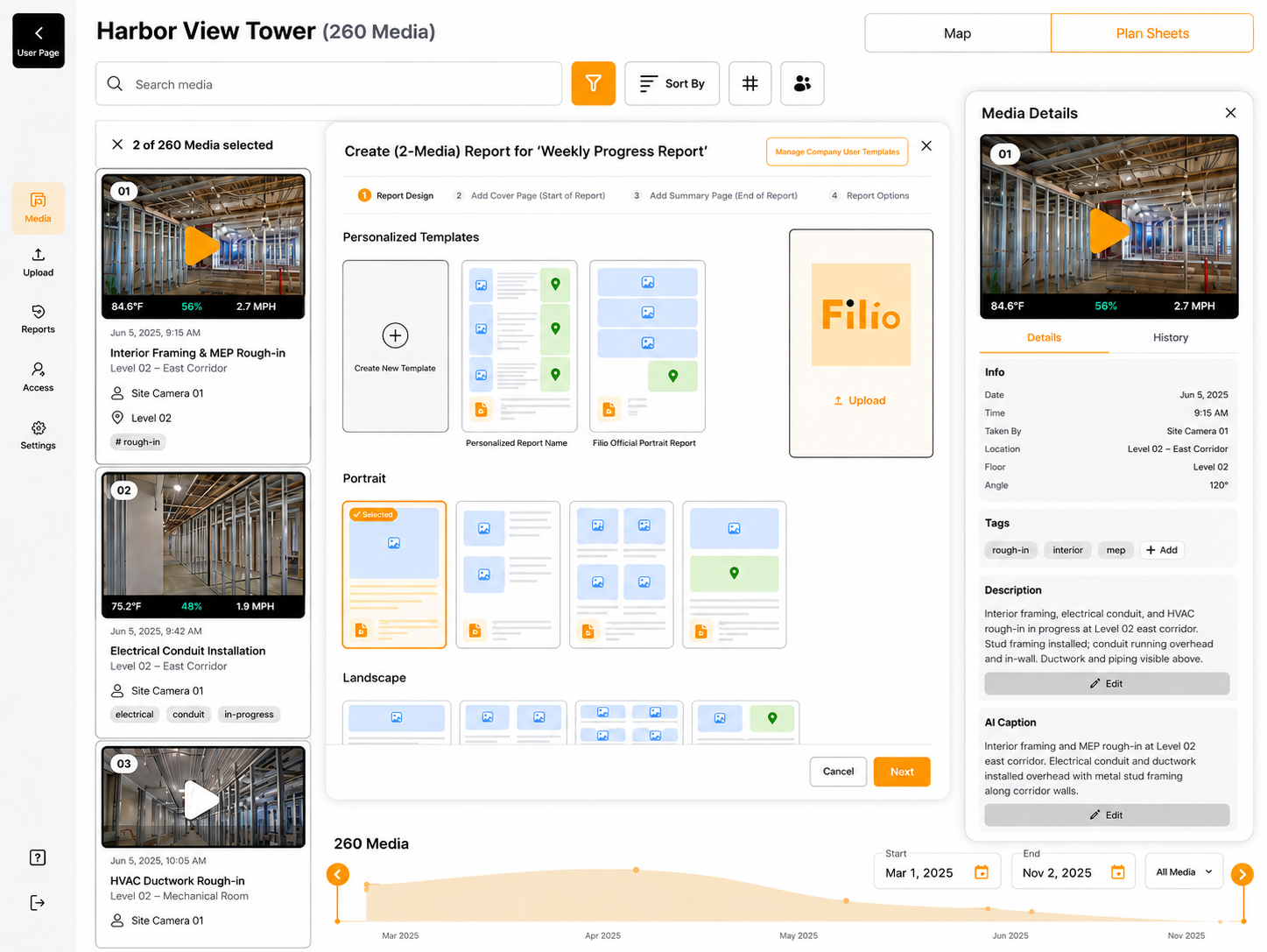 Filio web app media workspace showing searchable media records, report creation, media details, and plan sheets.