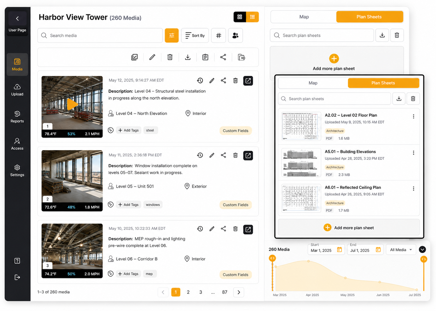 Filio Web App showing searchable media records, Plan Sheets, and a project timeline for reviewing visual project evidence.